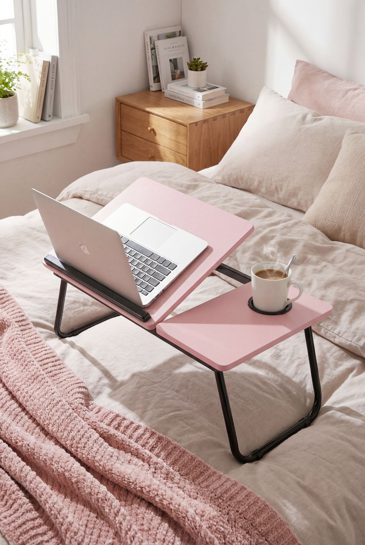 Pink Finish Laptop Bed Deskwith 5-Level Height Adjustment & Foldable Design