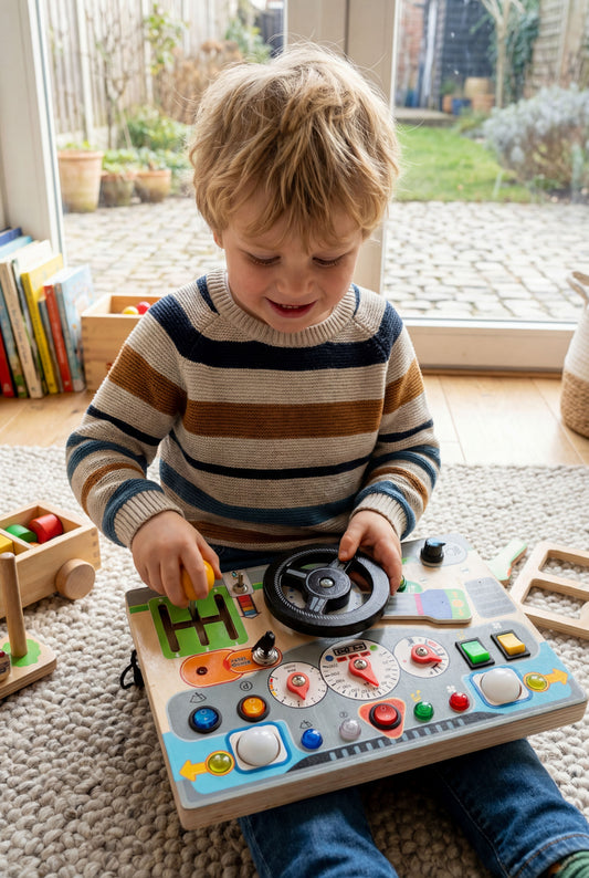 Toddler Electronic Driving Console with LED Lights, Interactive Sensory Busy Board for Early Learning