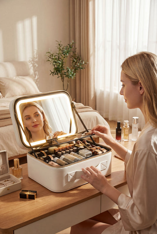 LED-Lit Makeup Case with Mirror - Portable Organizer for Travel