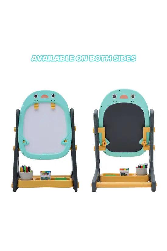Kids Adjustable Easel, Double-Sided Magnetic Whiteboard & Blackboard, Penguin Design with Storage Tray, Height 58-68cm