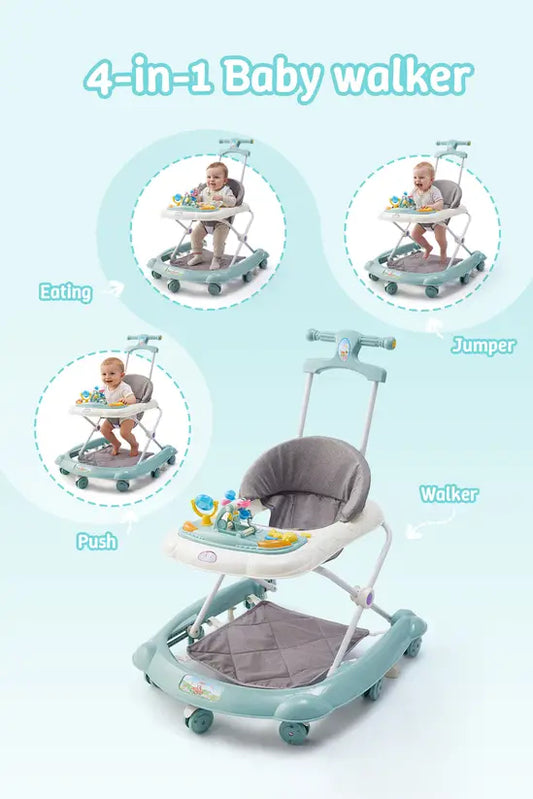 3-in-1 Foldable Baby Walker with Push Handle, Adjustable Height Anti-Rollover Activity Walker with Music for Babies 6-18 Months