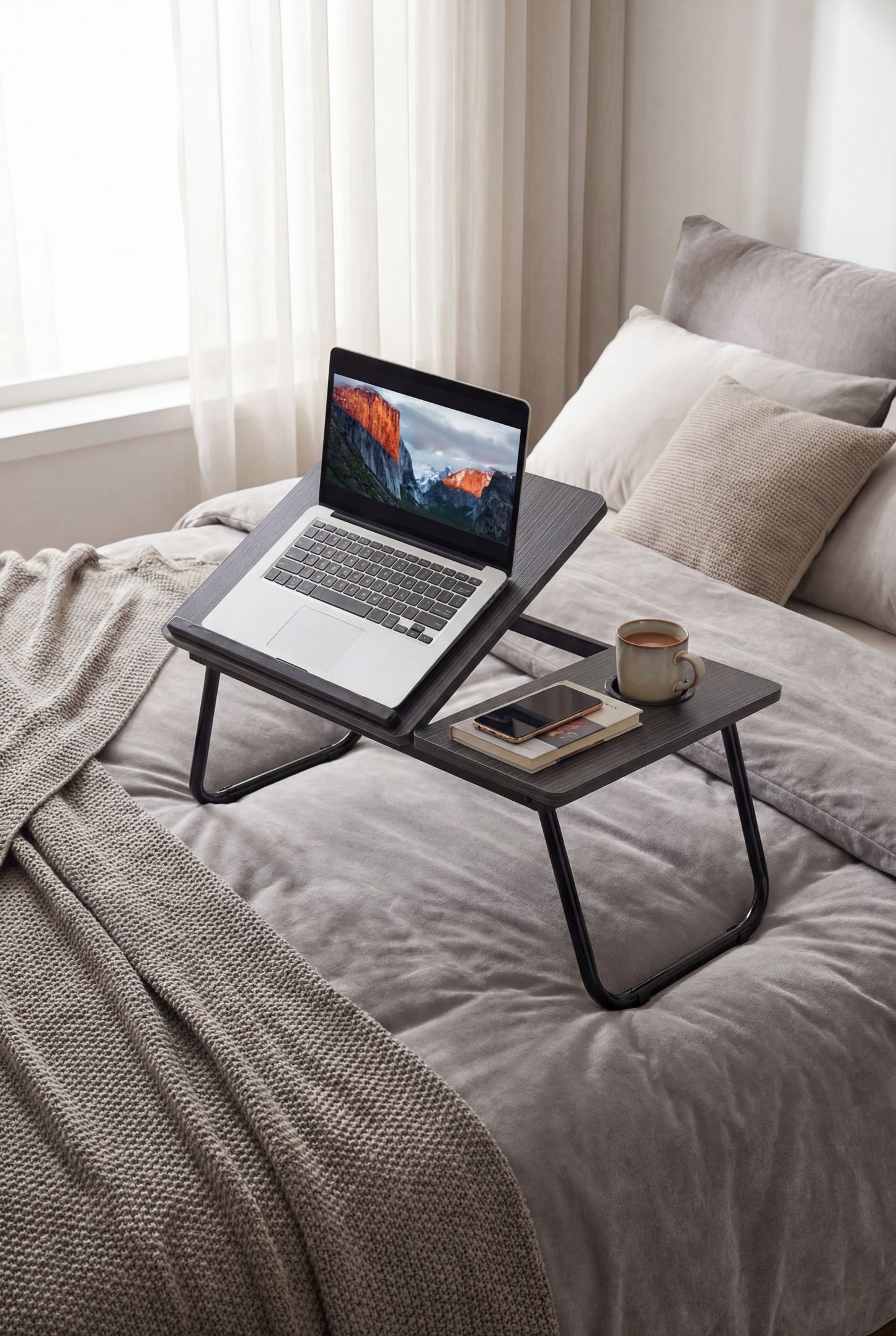 Black Laptop Bed Desk with 5-Level Height Adjustment & Foldable Design