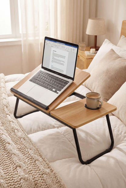 Walnut Laptop Bed Desk with 5-Level Height Adjustment & Foldable Design