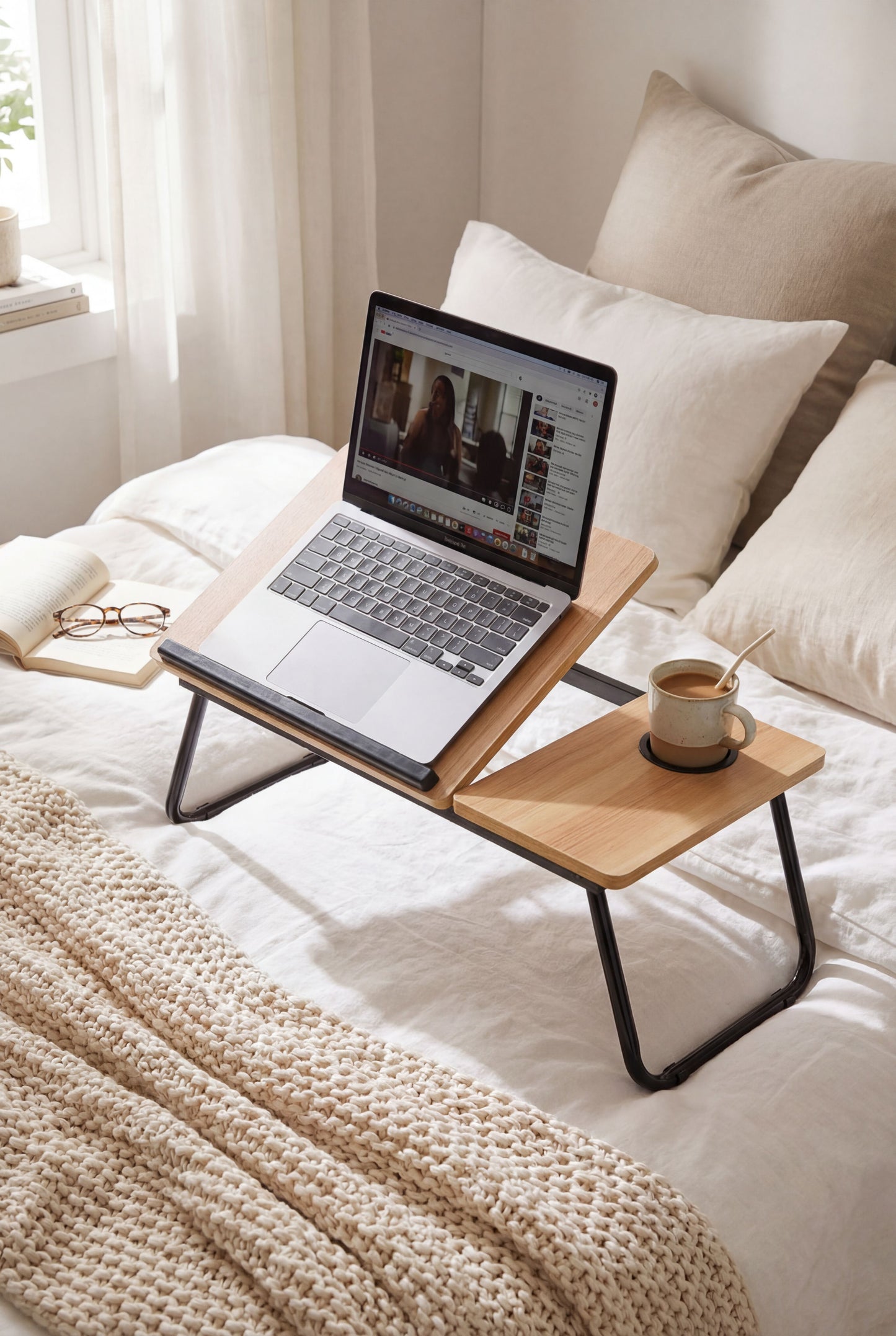 Walnut Laptop Bed Desk with 5-Level Height Adjustment & Foldable Design