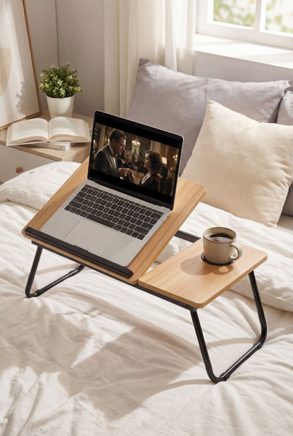 Walnut Laptop Bed Desk with 5-Level Height Adjustment & Foldable Design