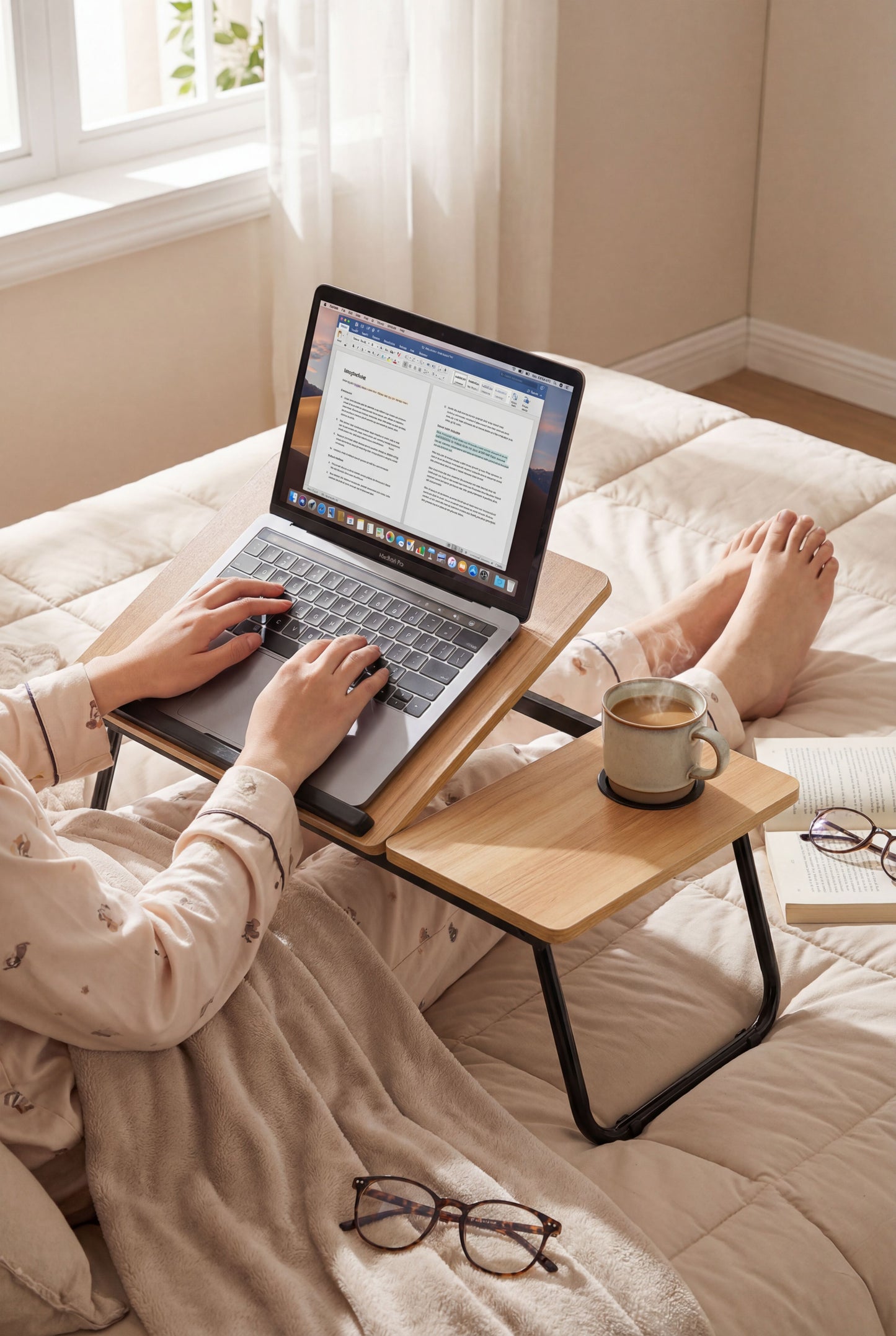 Walnut Laptop Bed Desk with 5-Level Height Adjustment & Foldable Design