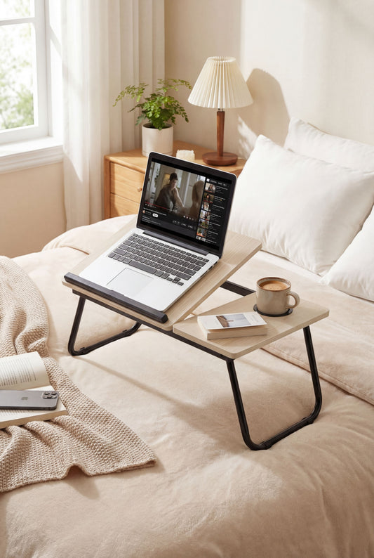 White Maple Finish Laptop Bed Desk with 5-Level Height Adjustment & Foldable Design