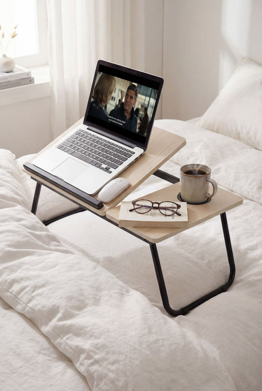 White Maple Finish Laptop Bed Desk with 5-Level Height Adjustment & Foldable Design