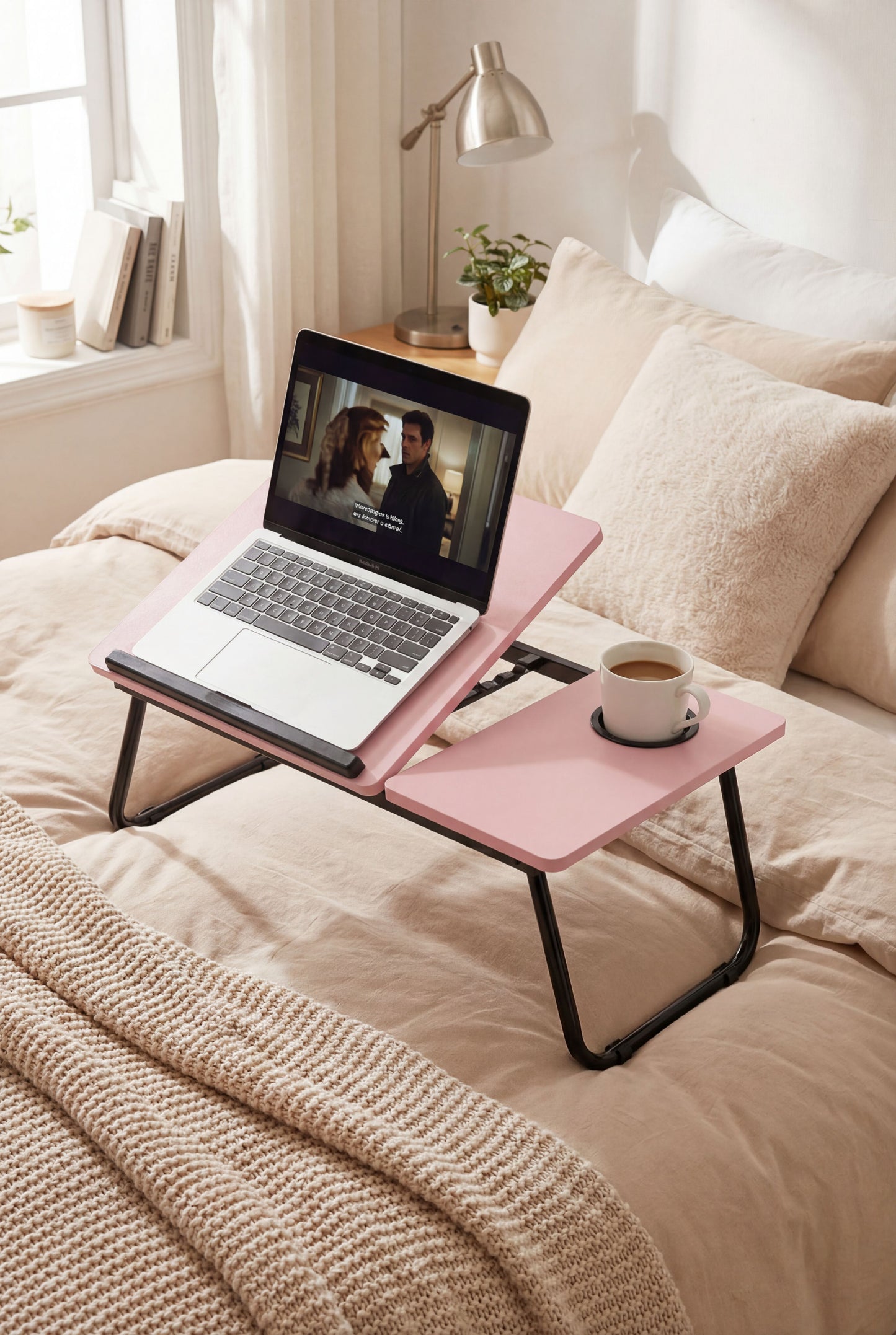 Pink Finish Laptop Bed Deskwith 5-Level Height Adjustment & Foldable Design