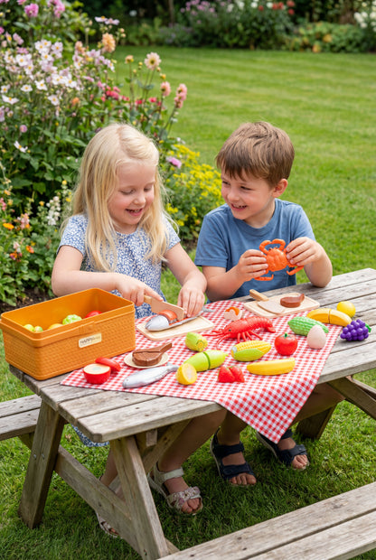 Cuttable Play Food Toy Set, Realistic Seafood, Vegetable & Fruit Pretend Play Kitchen Toys with Storage Basket for Kids Early Education