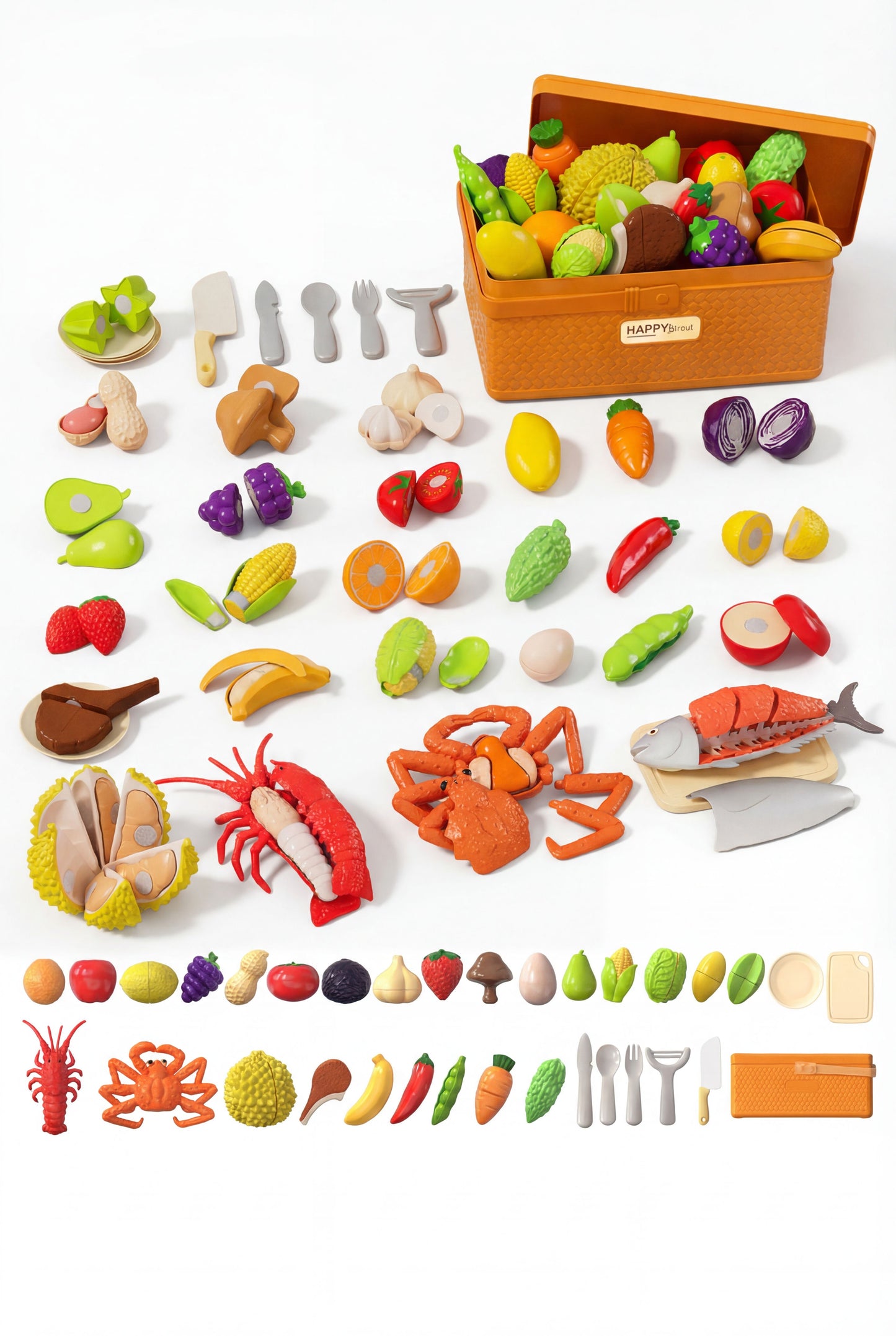 Cuttable Play Food Toy Set, Realistic Seafood, Vegetable & Fruit Pretend Play Kitchen Toys with Storage Basket for Kids Early Education