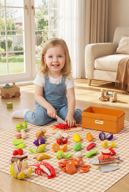 Cuttable Play Food Toy Set, Realistic Seafood, Vegetable & Fruit Pretend Play Kitchen Toys with Storage Basket for Kids Early Education