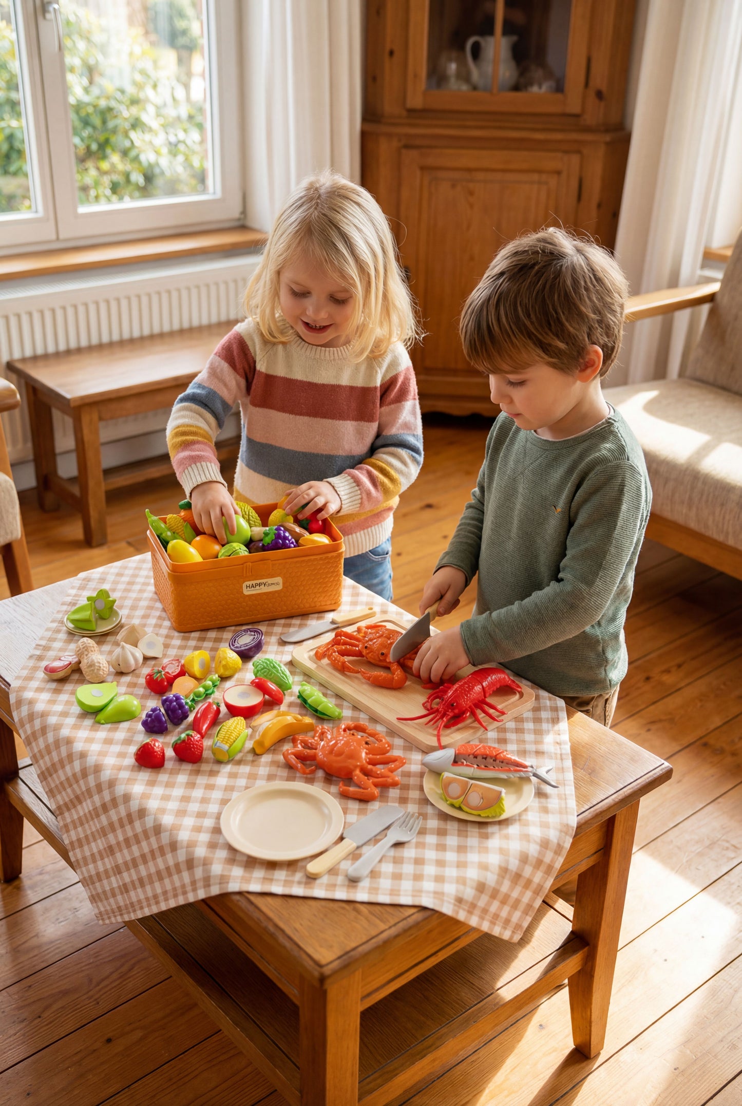Cuttable Play Food Toy Set, Realistic Seafood, Vegetable & Fruit Pretend Play Kitchen Toys with Storage Basket for Kids Early Education