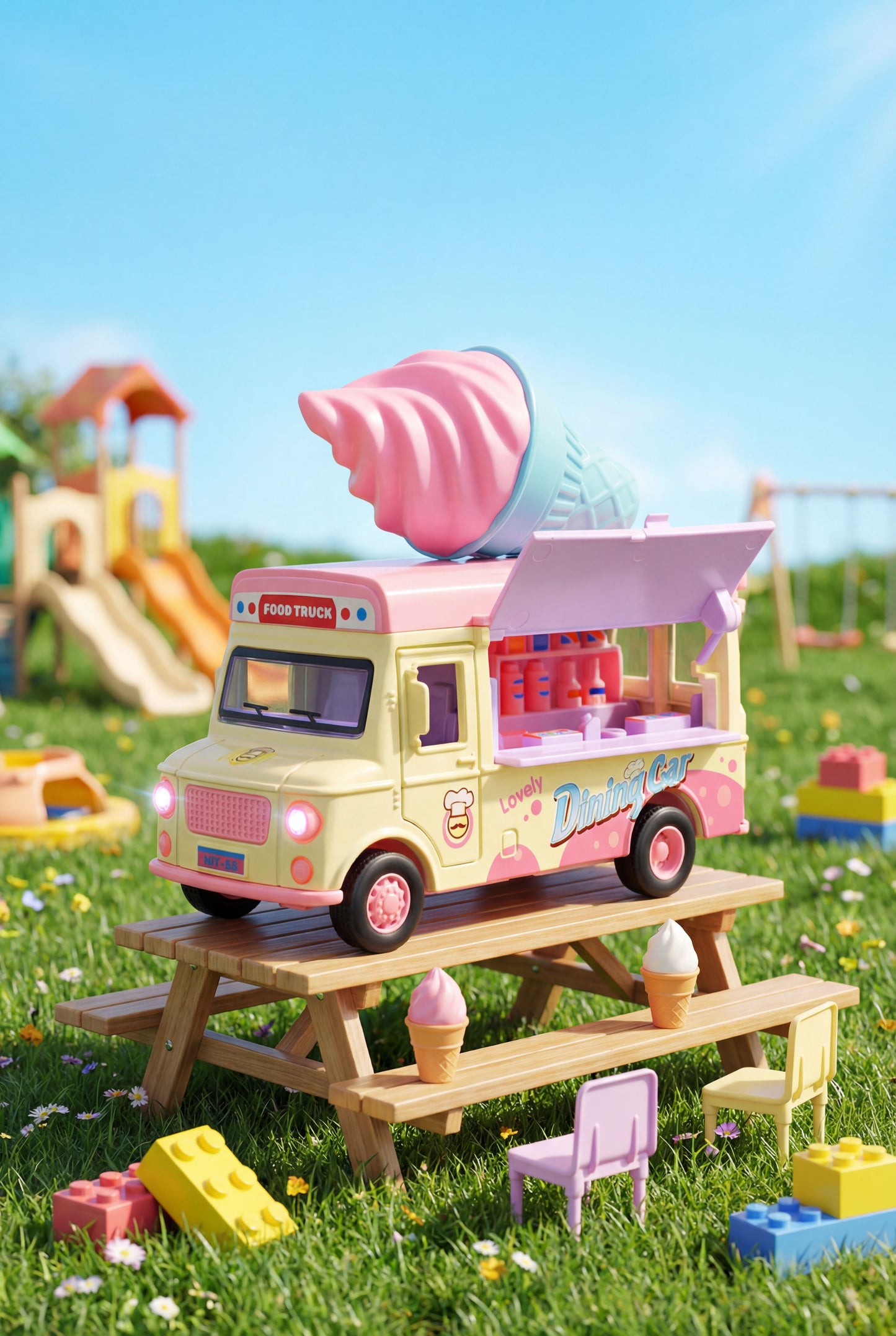 Pastel Ice Cream Food Truck - Interactive Pretend Play Vehicle with Lights & Sounds