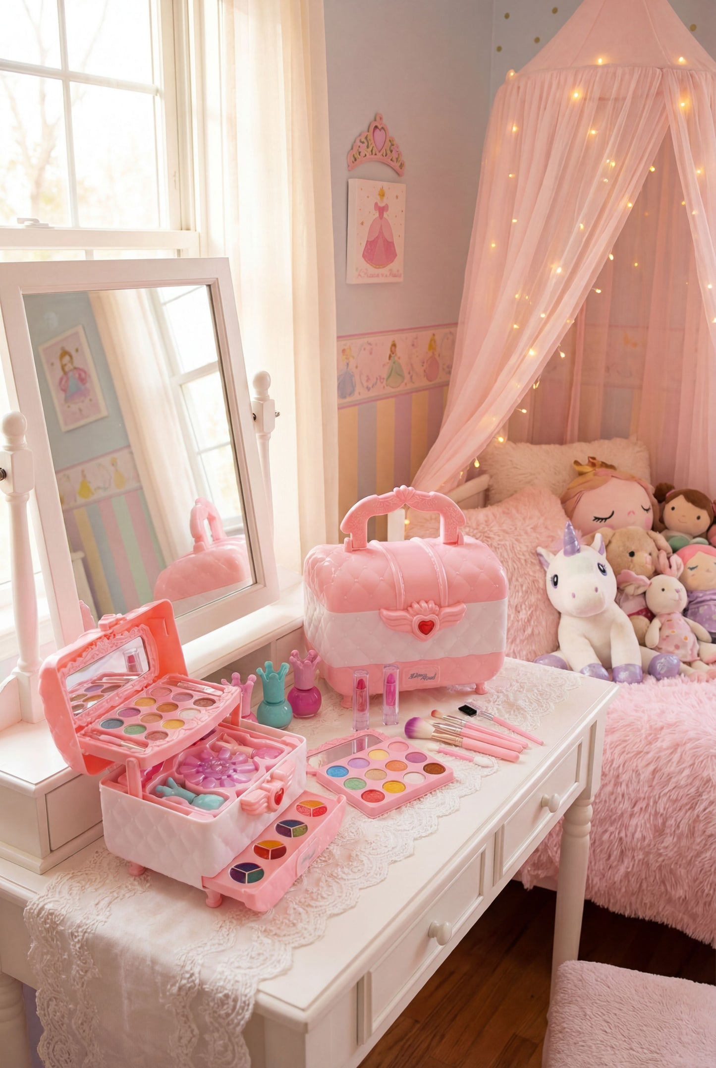 Princess Makeup Vanity Case - Non-Toxic & Washable Kids Cosmetic Play Set