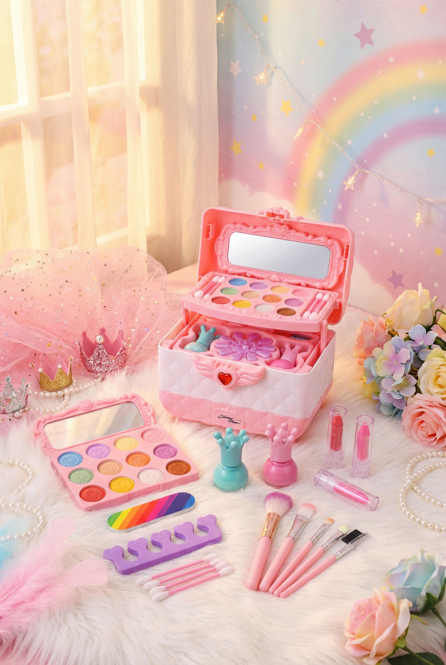 Princess Makeup Vanity Case - Non-Toxic & Washable Kids Cosmetic Play Set