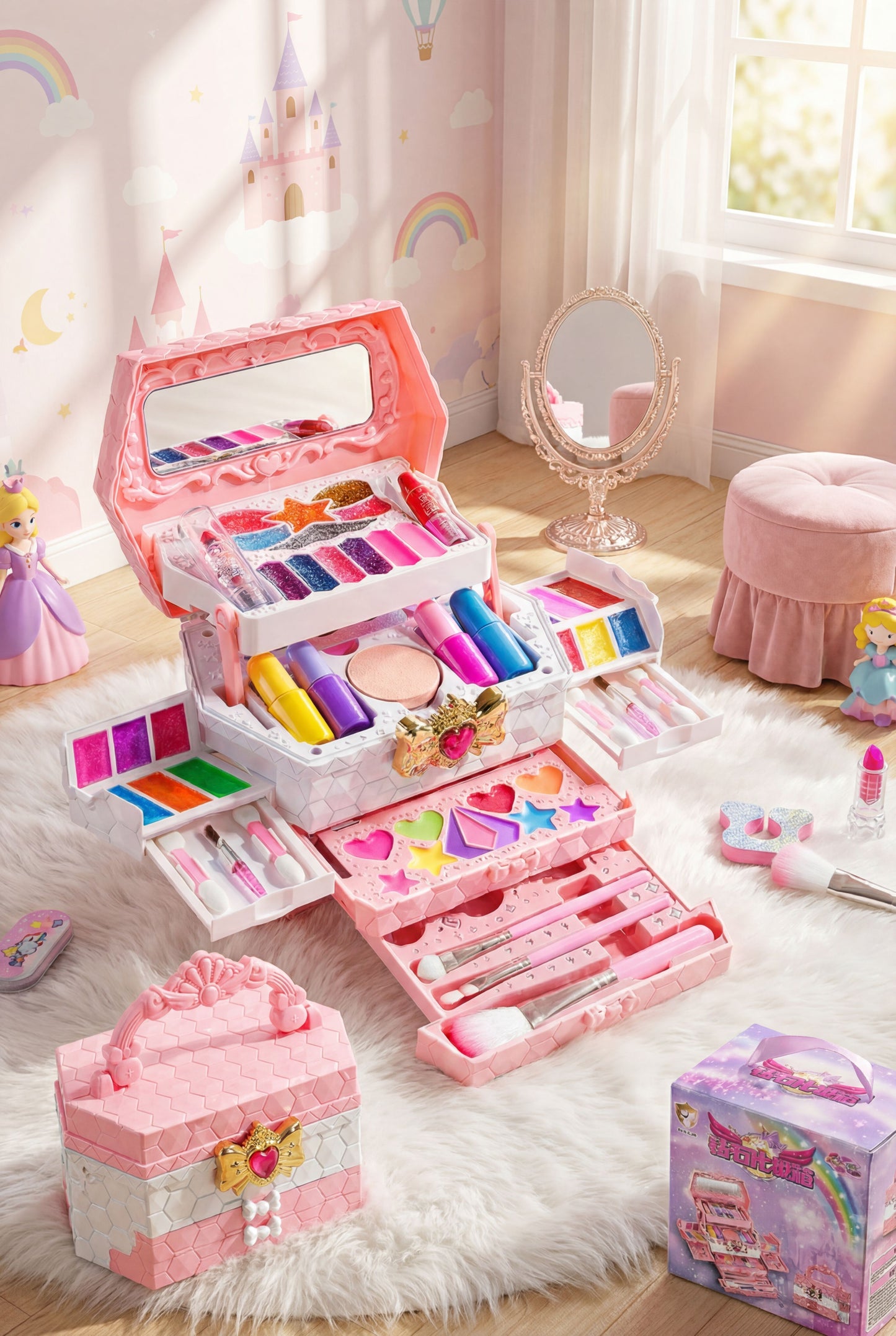 Princess Makeup Vanity Case - Non-Toxic & Washable Kids Cosmetic Play Set