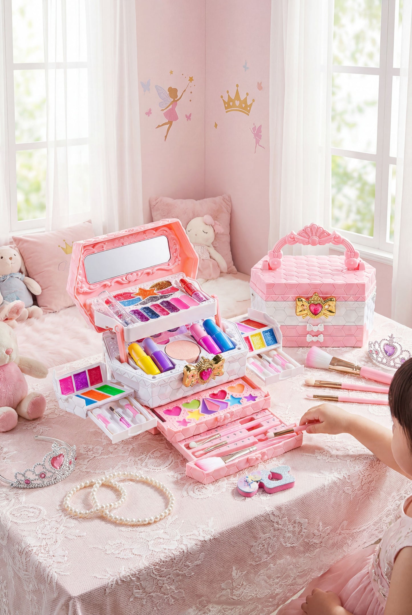 Princess Makeup Vanity Case - Non-Toxic & Washable Kids Cosmetic Play Set