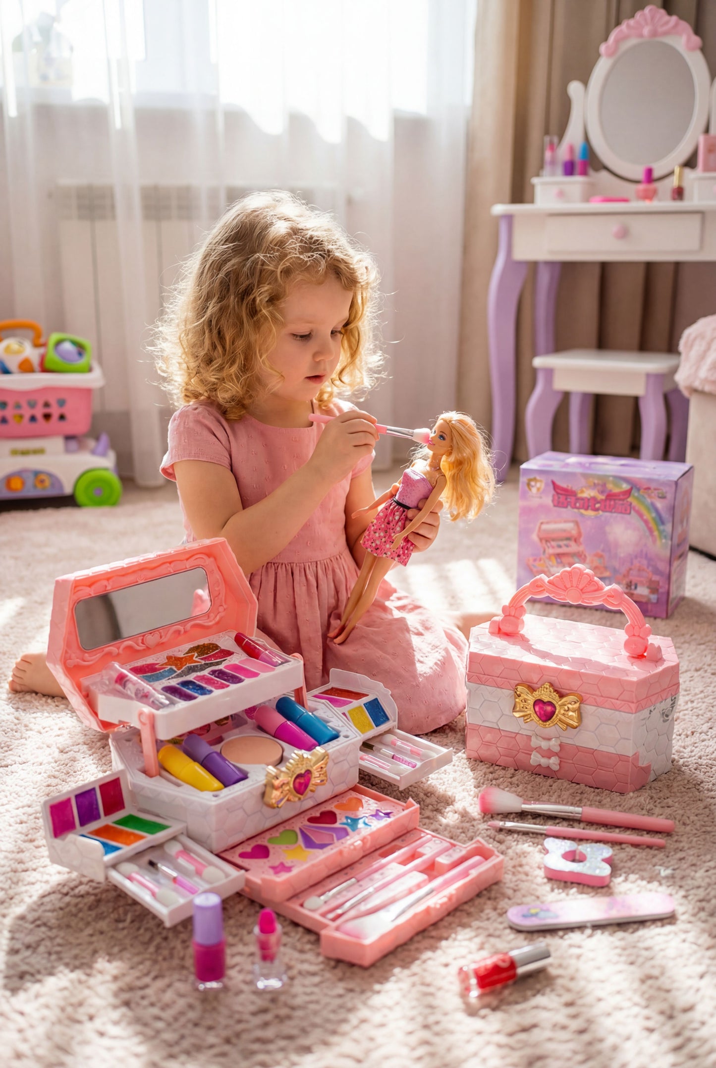 Princess Makeup Vanity Case - Non-Toxic & Washable Kids Cosmetic Play Set
