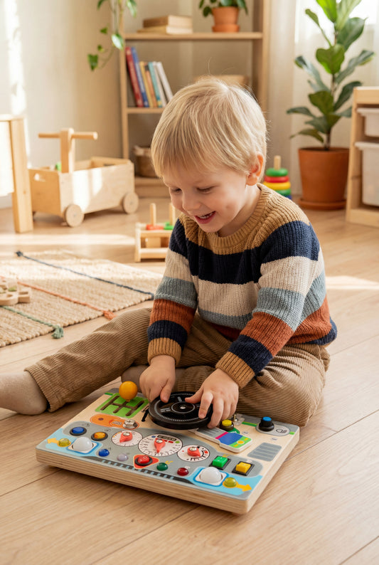 Toddler Electronic Driving Console with LED Lights, Interactive Sensory Busy Board for Early Learning