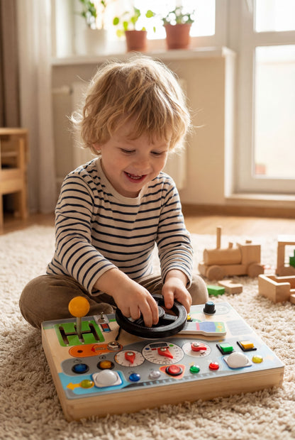 Toddler Electronic Driving Console with LED Lights, Interactive Sensory Busy Board for Early Learning