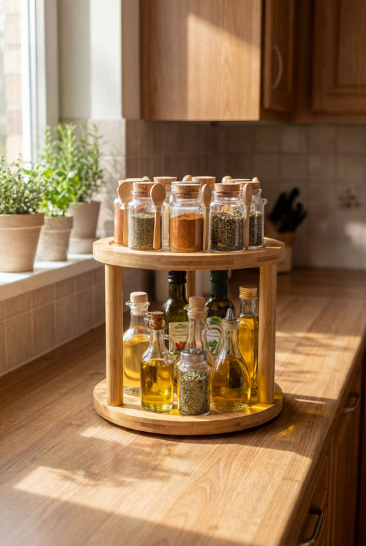 Bamboo 2-Tier Rotating Spice Rack - Kitchen Countertop Organizer