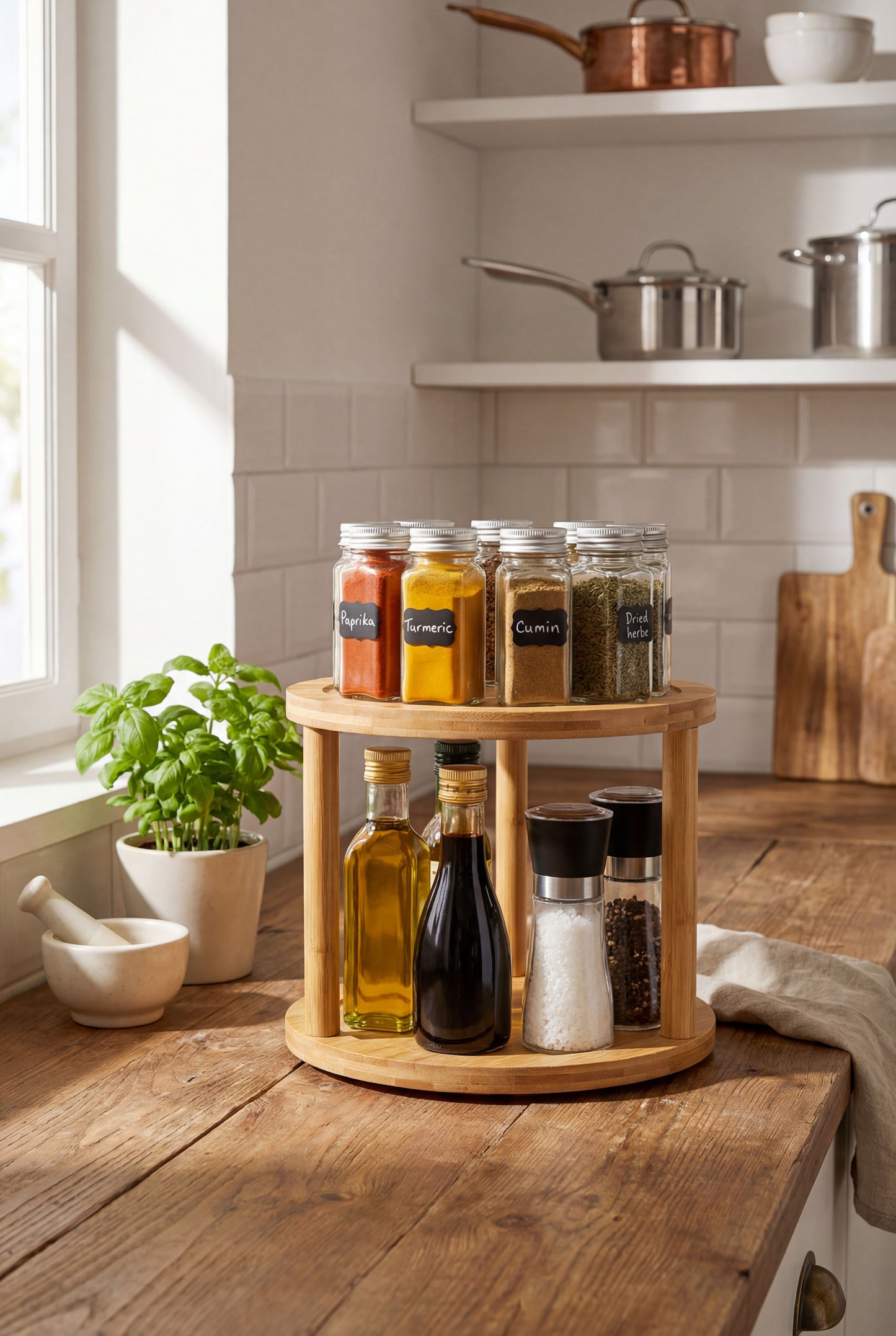 Bamboo 2-Tier Rotating Spice Rack - Kitchen Countertop Organizer