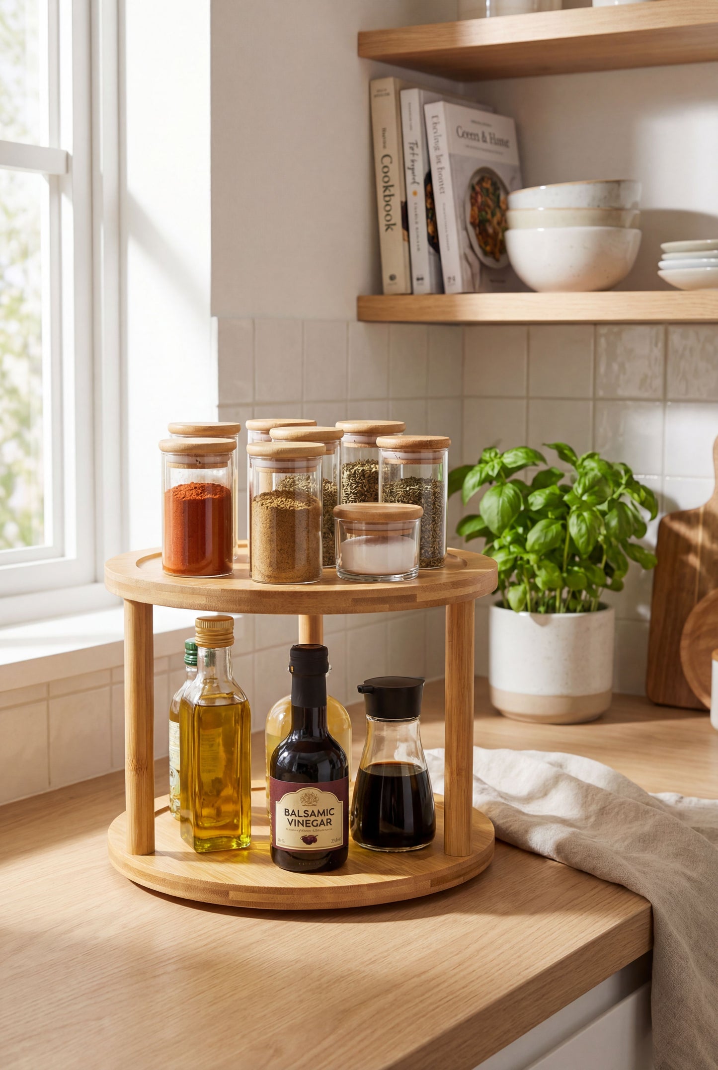 Bamboo 2-Tier Rotating Spice Rack - Kitchen Countertop Organizer