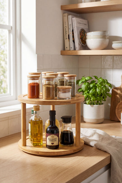 Bamboo 2-Tier Rotating Spice Rack - Kitchen Countertop Organizer