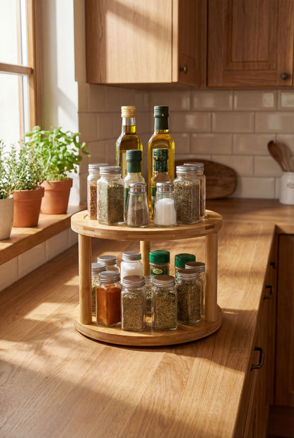 Bamboo 2-Tier Rotating Spice Rack - Kitchen Countertop Organizer