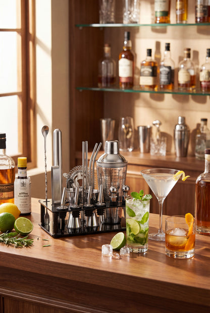 Beginner's 19-Piece Cocktail Kit - 750ml Dual-Material Shaker & Stand