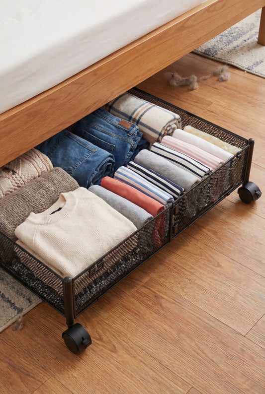Extendable Under Bed Storage - Rolling Metal Mesh Bin
