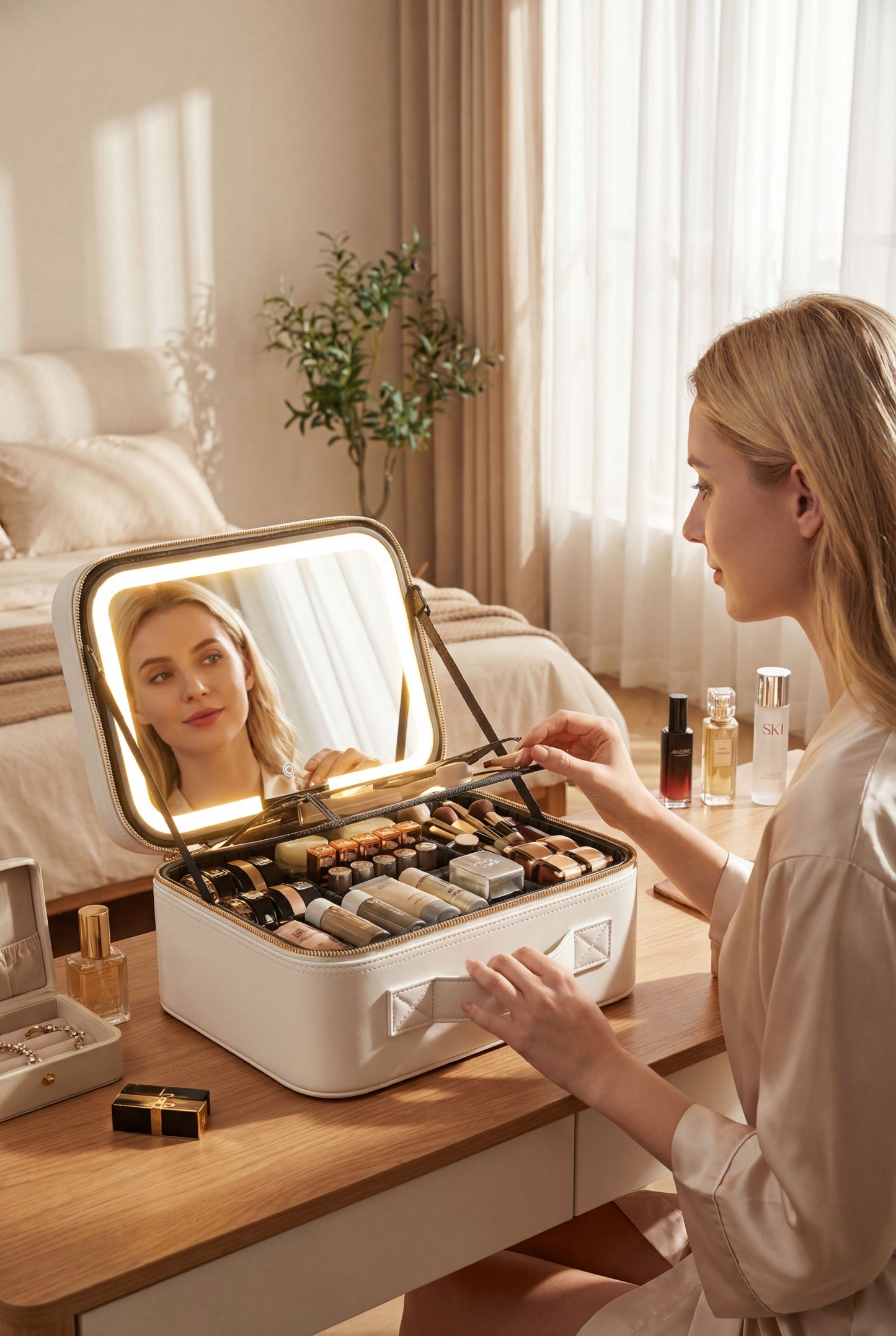 LED-Lit Makeup Case with Mirror - Portable Organizer for Travel