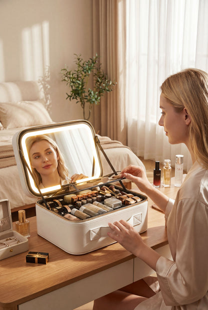 LED-Lit Makeup Case with Mirror - Portable Organizer for Travel
