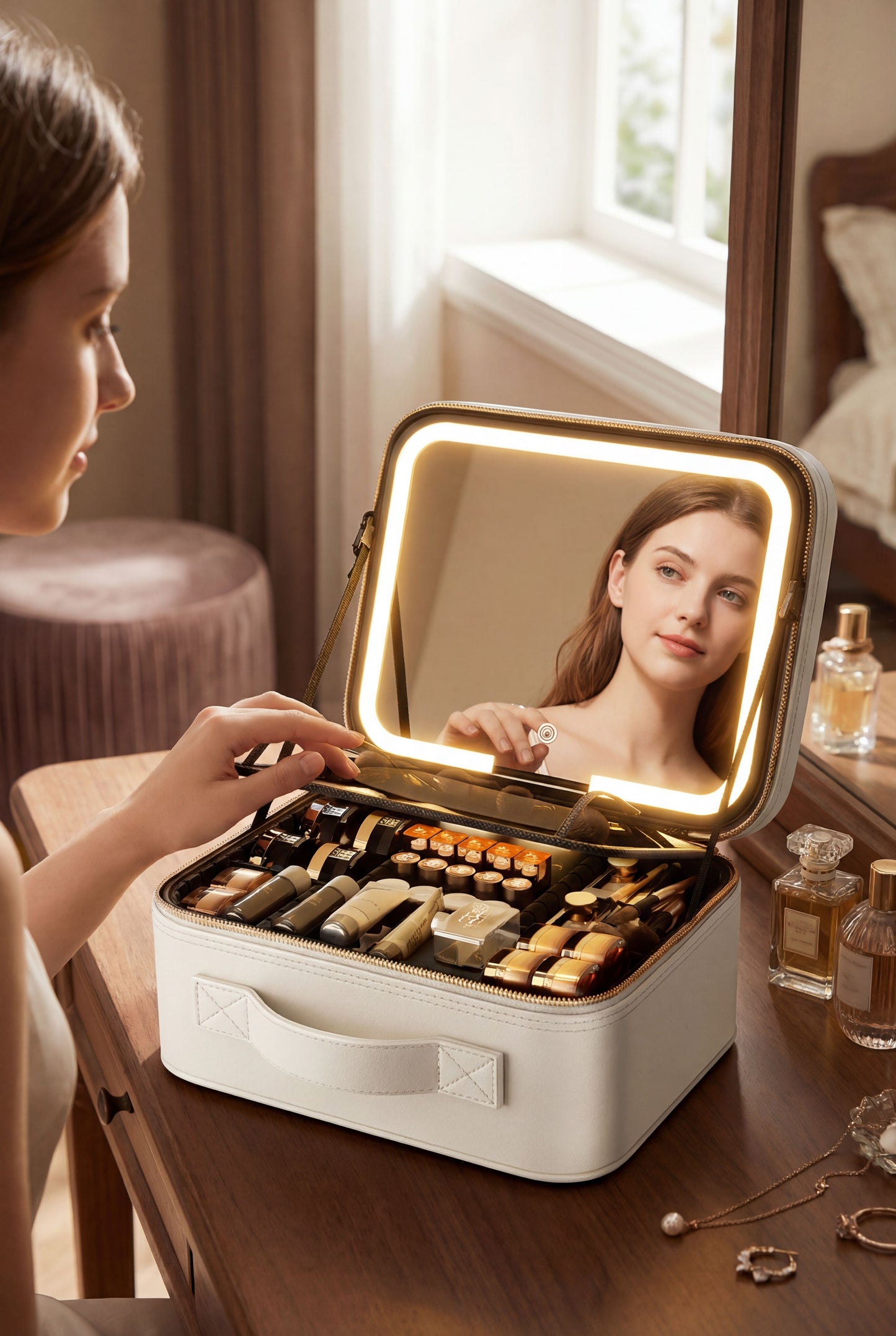 LED-Lit Makeup Case with Mirror - Portable Organizer for Travel