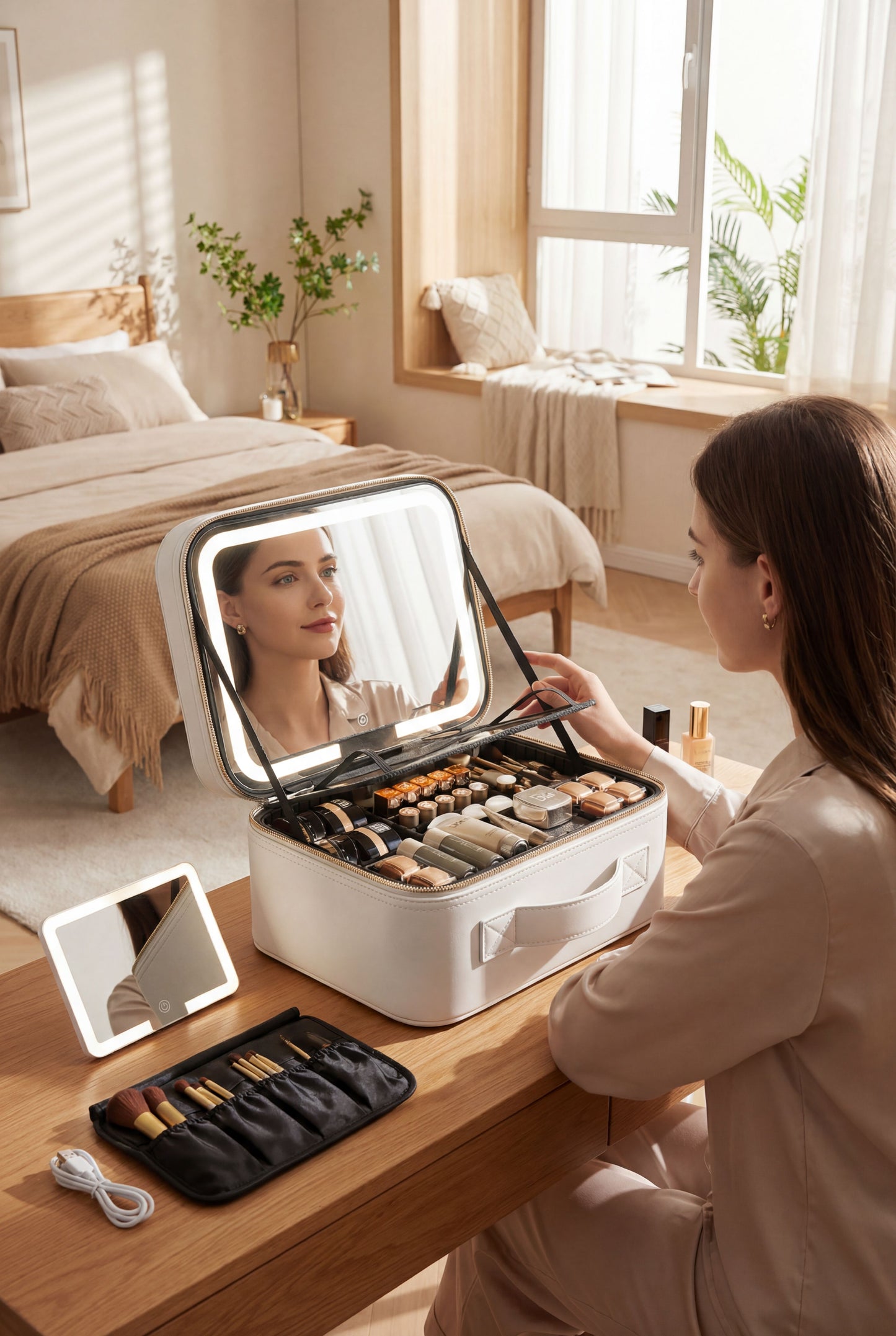 LED-Lit Makeup Case with Mirror - Portable Organizer for Travel