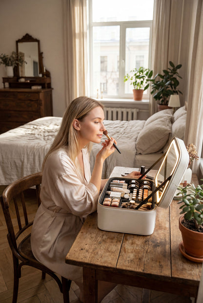 LED-Lit Makeup Case with Mirror - Portable Organizer for Travel