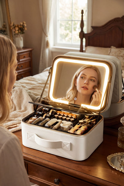 LED-Lit Makeup Case with Mirror - Portable Organizer for Travel