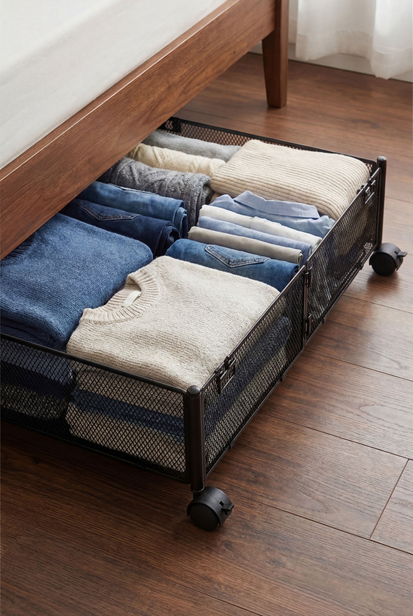 Extendable Under Bed Storage - Rolling Metal Mesh Bin