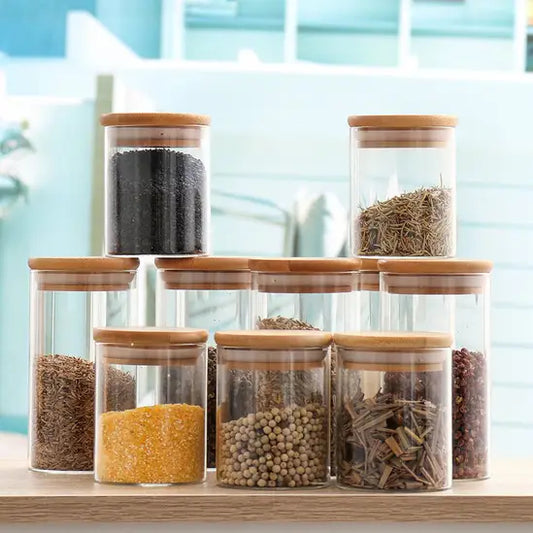 10-Pack Glass Storage Jars with Bamboo Lids, Airtight Glass Canisters for Spices, Tea, Coffee Beans & Dry Food, Kitchen Pantry Organiser