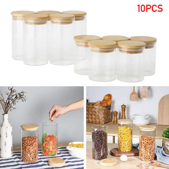 10-Pack Glass Storage Jars with Bamboo Lids, Airtight Glass Canisters for Spices, Tea, Coffee Beans & Dry Food, Kitchen Pantry Organiser