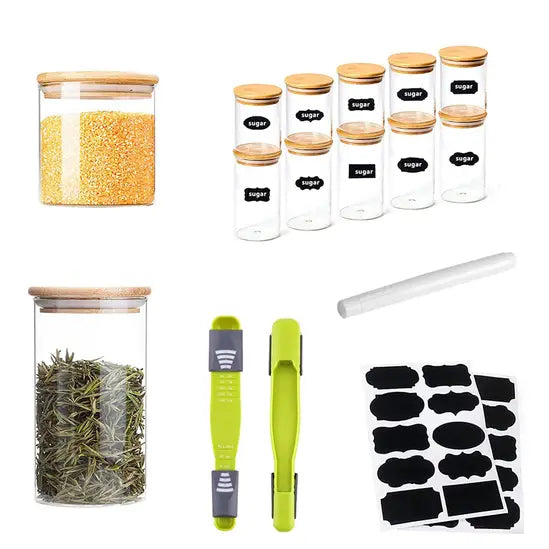 10-Pack Glass Storage Jars with Bamboo Lids, Airtight Glass Canisters for Spices, Tea, Coffee Beans & Dry Food, Kitchen Pantry Organiser