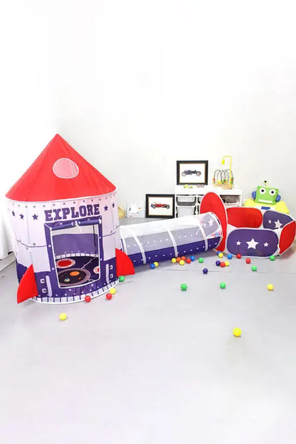 3-in-1 Space Rocket Kids Play Tent Set with Tunnel & Ball Pit, Pop-Up Indoor/Outdoor Playhouse with Carry Bag