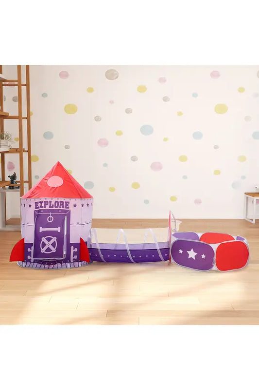 3-in-1 Space Rocket Kids Play Tent Set with Tunnel & Ball Pit, Pop-Up Indoor/Outdoor Playhouse with Carry Bag