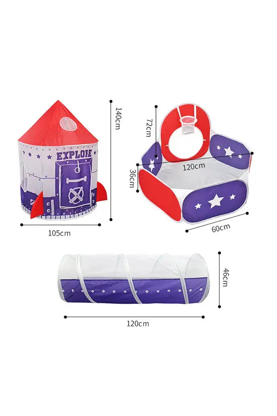 3-in-1 Space Rocket Kids Play Tent Set with Tunnel & Ball Pit, Pop-Up Indoor/Outdoor Playhouse with Carry Bag