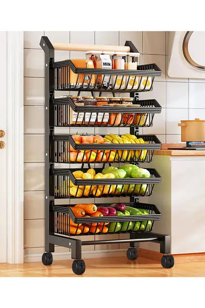 5-Tier Kitchen Storage Trolley, Rolling Vegetable & Fruit Basket Rack with Wheels, Heavy Duty Carbon Steel Storage Cart for Kitchen, Pantry, Bathroom