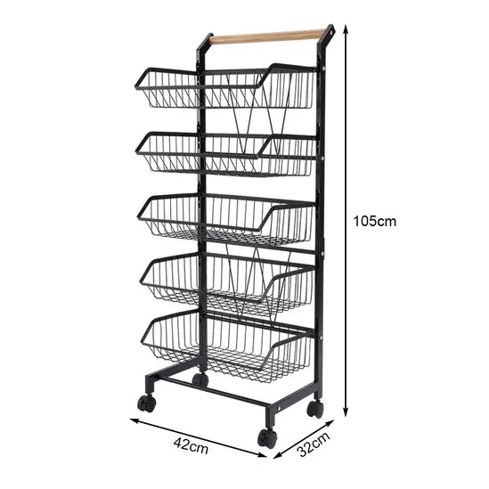 5-Tier Kitchen Storage Trolley, Rolling Vegetable & Fruit Basket Rack with Wheels, Heavy Duty Carbon Steel Storage Cart for Kitchen, Pantry, Bathroom