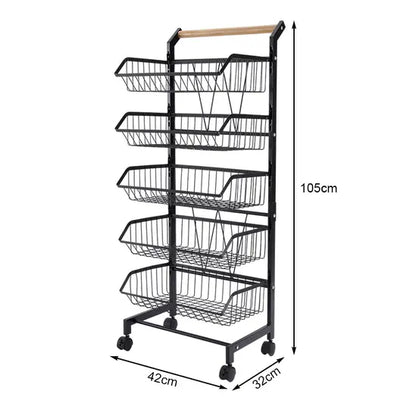 5-Tier Kitchen Storage Trolley, Rolling Vegetable & Fruit Basket Rack with Wheels, Heavy Duty Carbon Steel Storage Cart for Kitchen, Pantry, Bathroom
