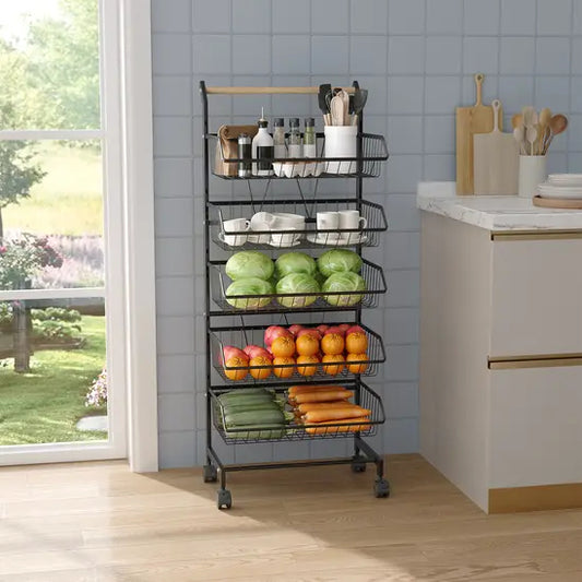 5-Tier Kitchen Storage Trolley, Rolling Vegetable & Fruit Basket Rack with Wheels, Heavy Duty Carbon Steel Storage Cart for Kitchen, Pantry, Bathroom