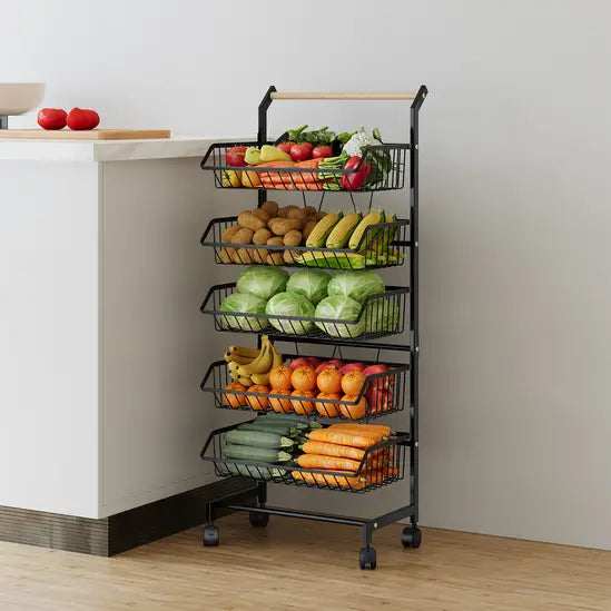 5-Tier Kitchen Storage Trolley, Rolling Vegetable & Fruit Basket Rack with Wheels, Heavy Duty Carbon Steel Storage Cart for Kitchen, Pantry, Bathroom